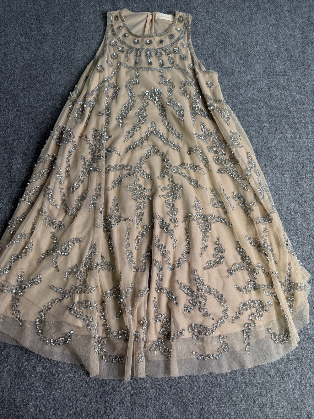 Embellished Taupe Sleeveless Shift Dress - Picture 12 of 13